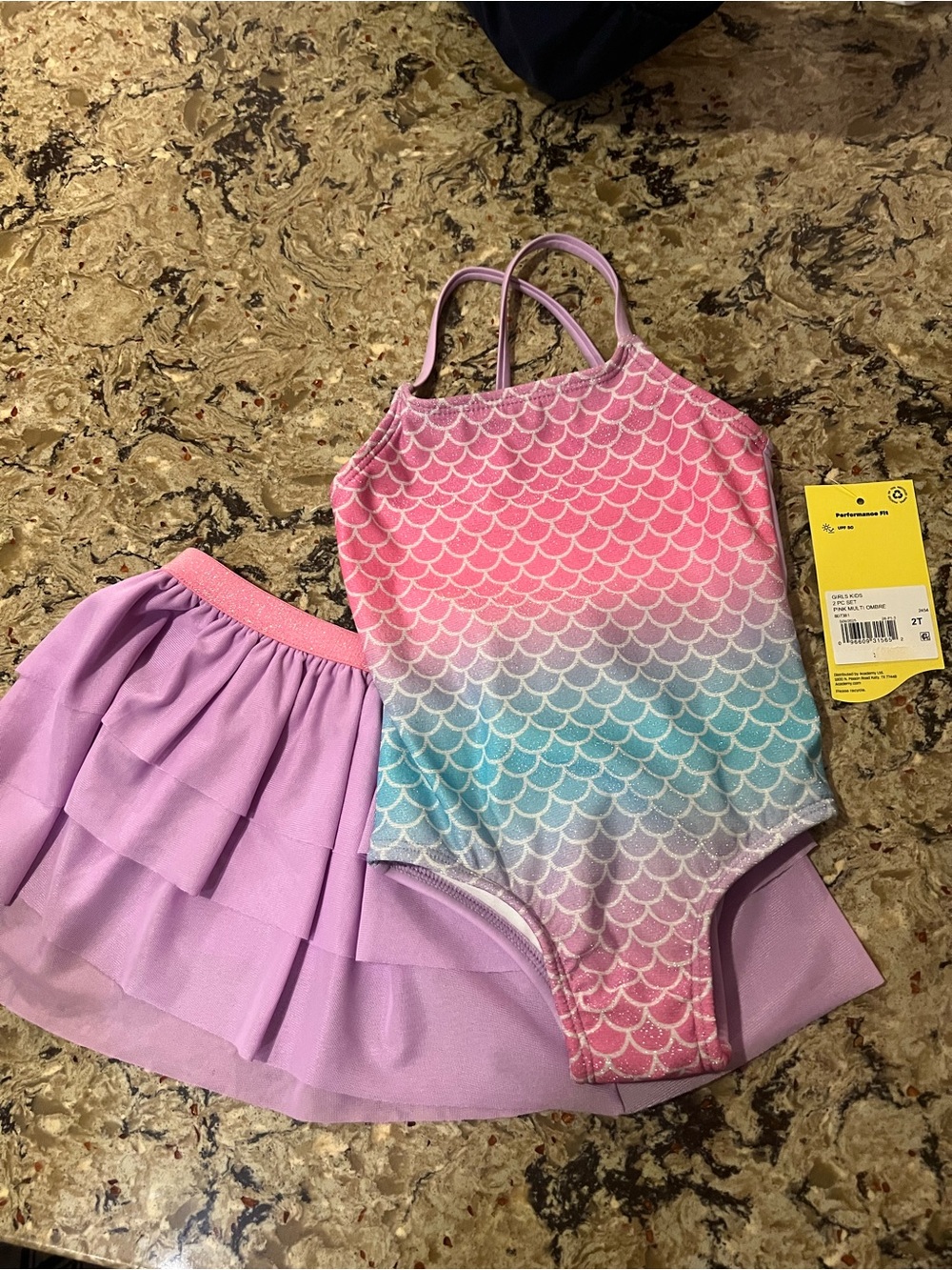 Girls Pink Lilac Ombre Mermaid One-Piece Swimsuit with Lilac Swim Skirt
